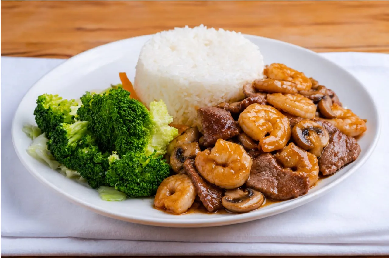 Beef and shrimp teriyaki combo rice plate at Teriyaki 365, a Japanese Restaurant in Long Island City